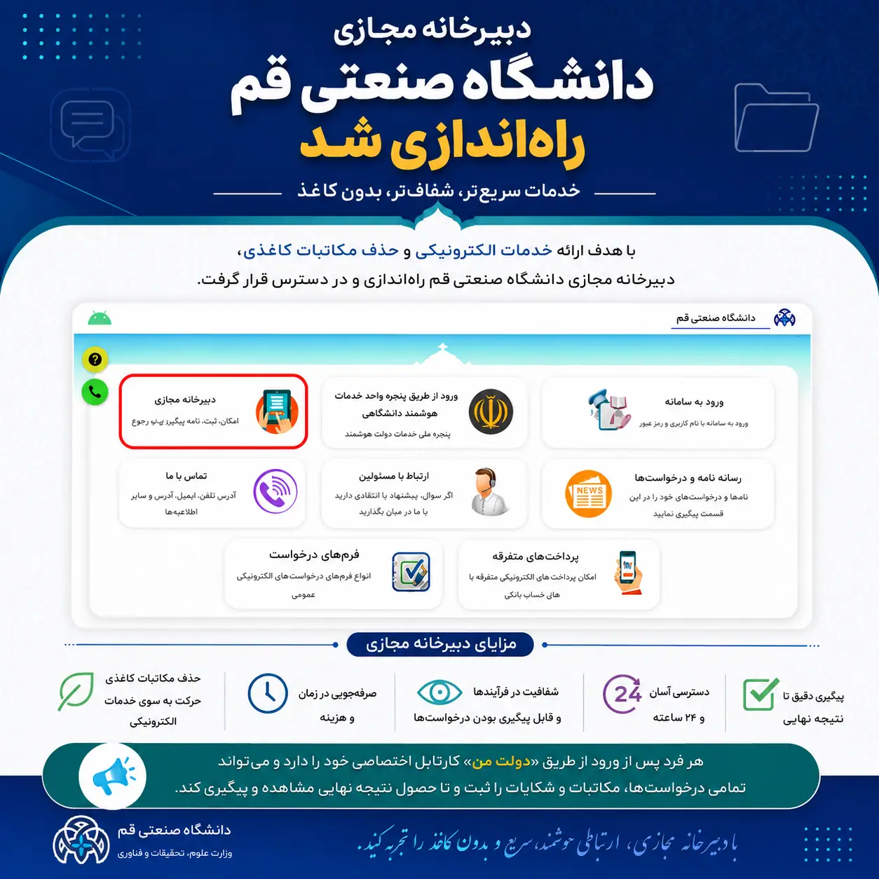 دبیرخانه مجازی دانشگاه صنعتی قم با هدف توسعه خدمات هوشمند و تسهیل فرآیندهای اداری راه‌اندازی شد